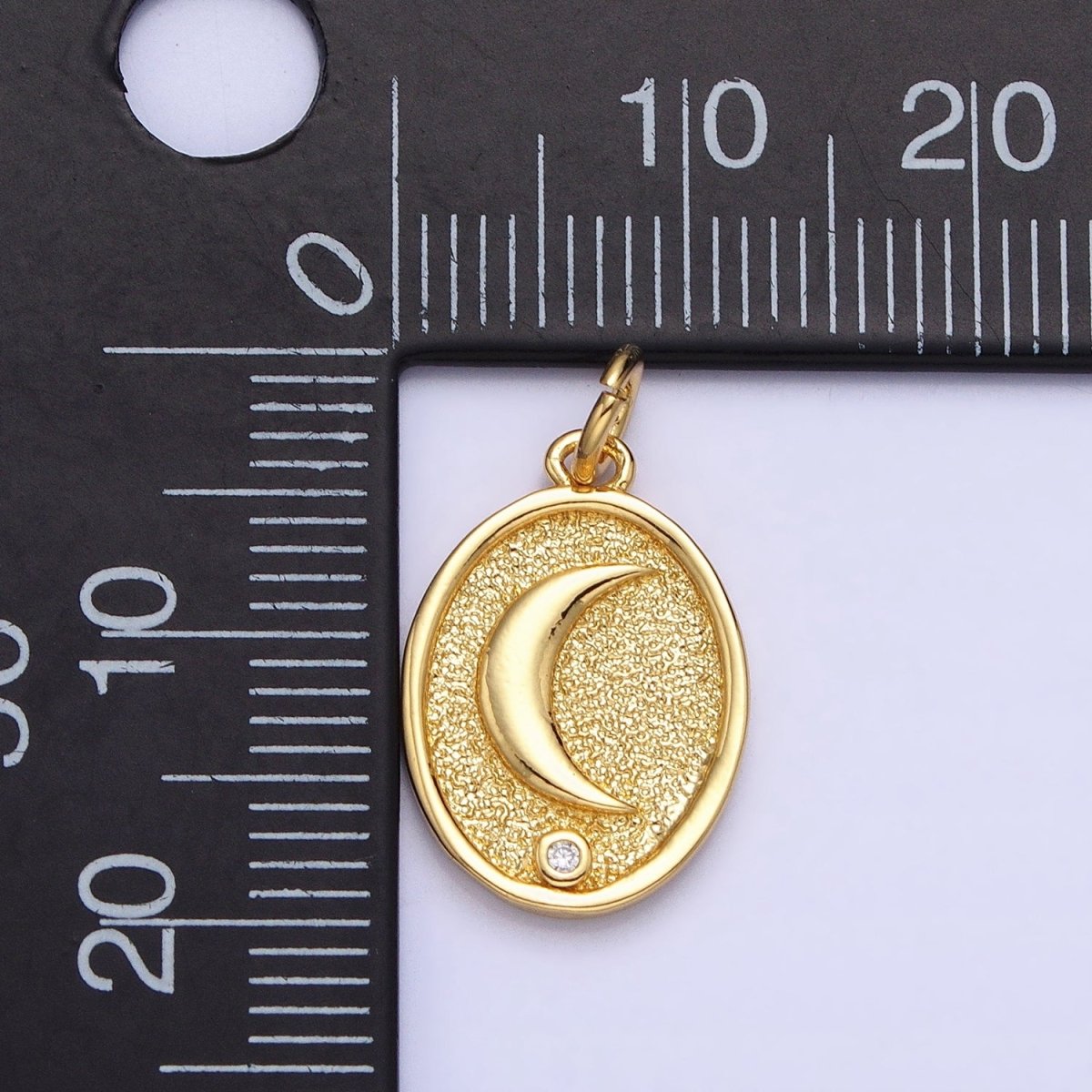 24K Gold Filled Celestial Crescent Moon CZ Textured Oval Charm | AC449