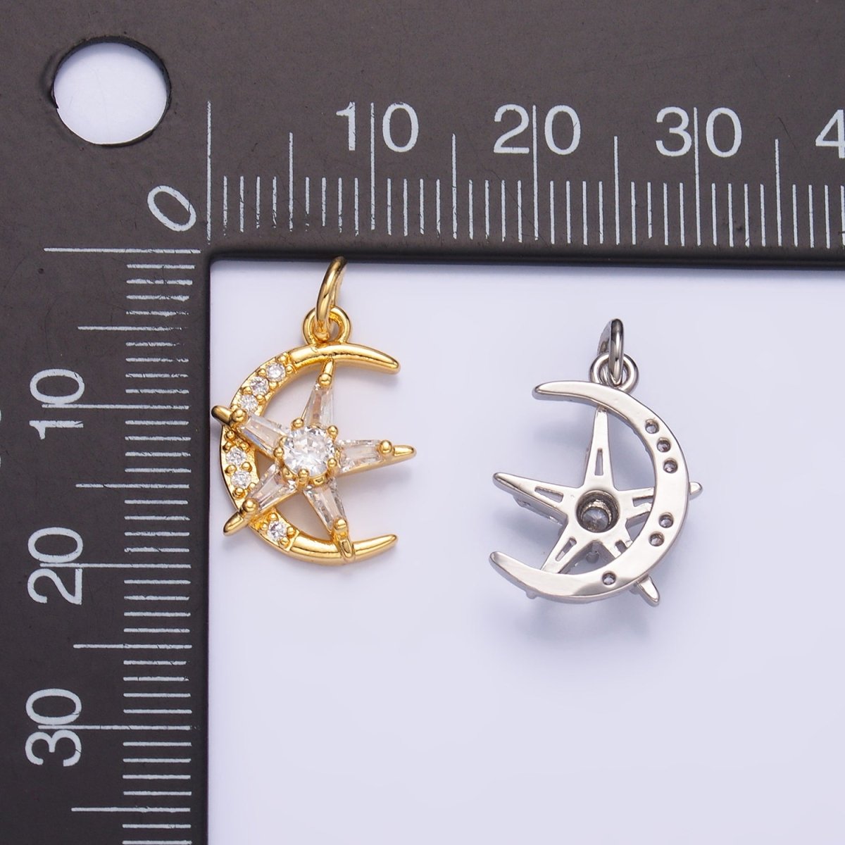 24K Gold Filled Celestial Crescent Moon Star Micro Paved CZ Mini Charm in Gold & Silver | W811