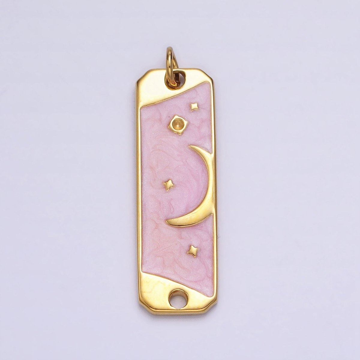 24K Gold Filled Celestial Crescent Moon Stars White, Pink Sparkly Enamel Tag Bar Double Loop Charm in Gold & Silver | AC577 - AC580