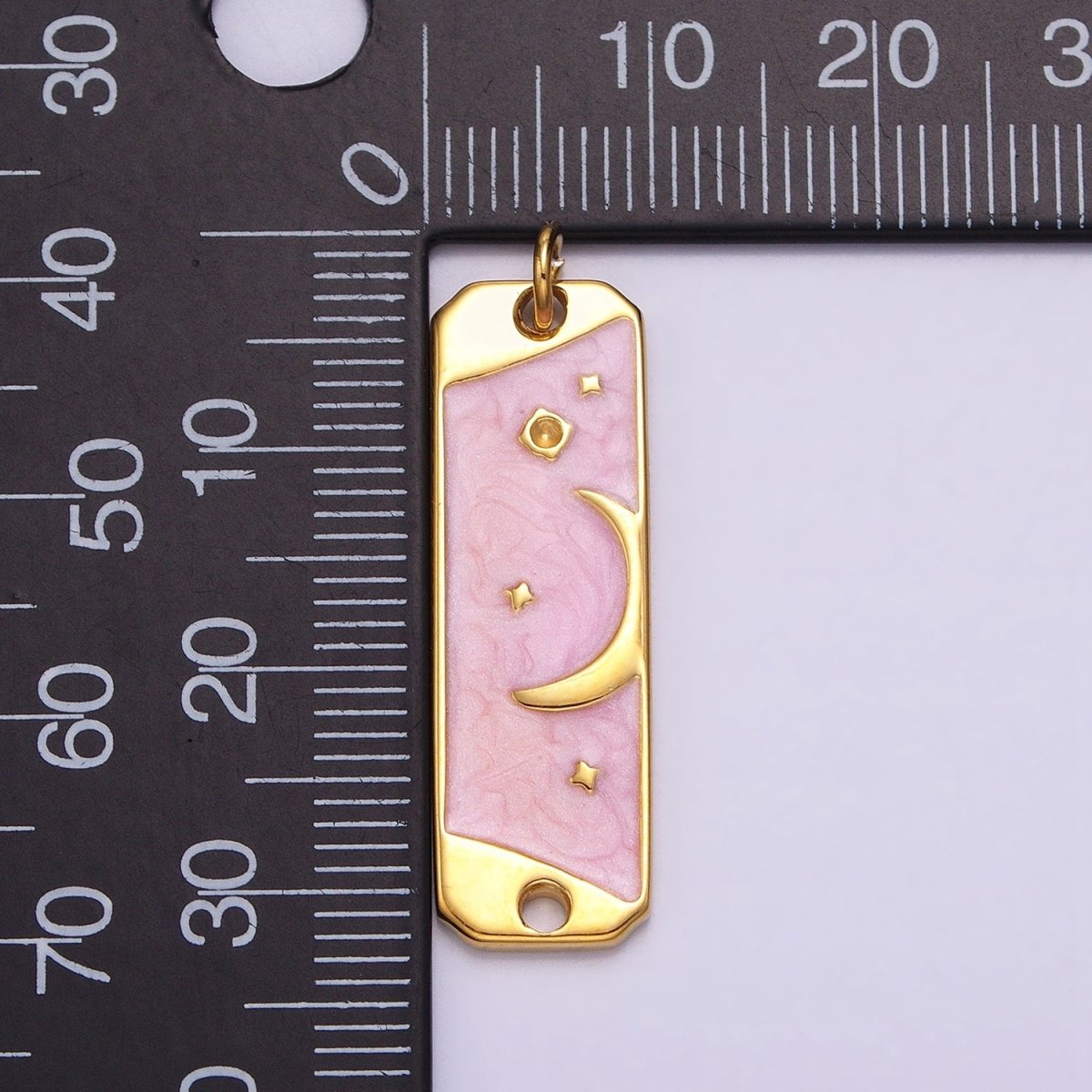24K Gold Filled Celestial Crescent Moon Stars White, Pink Sparkly Enamel Tag Bar Double Loop Charm in Gold & Silver | AC577 - AC580
