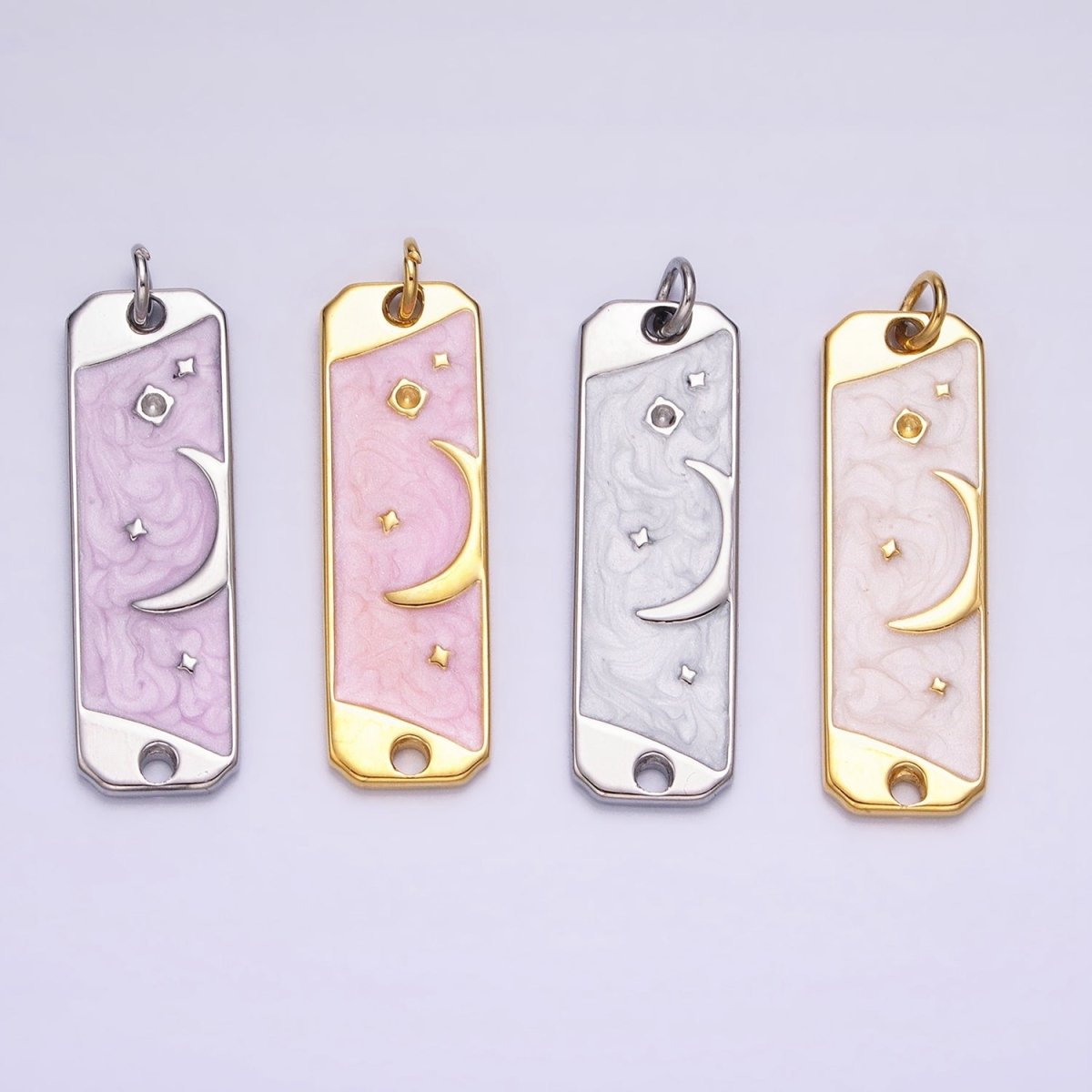 24K Gold Filled Celestial Crescent Moon Stars White, Pink Sparkly Enamel Tag Bar Double Loop Charm in Gold & Silver | AC577 - AC580