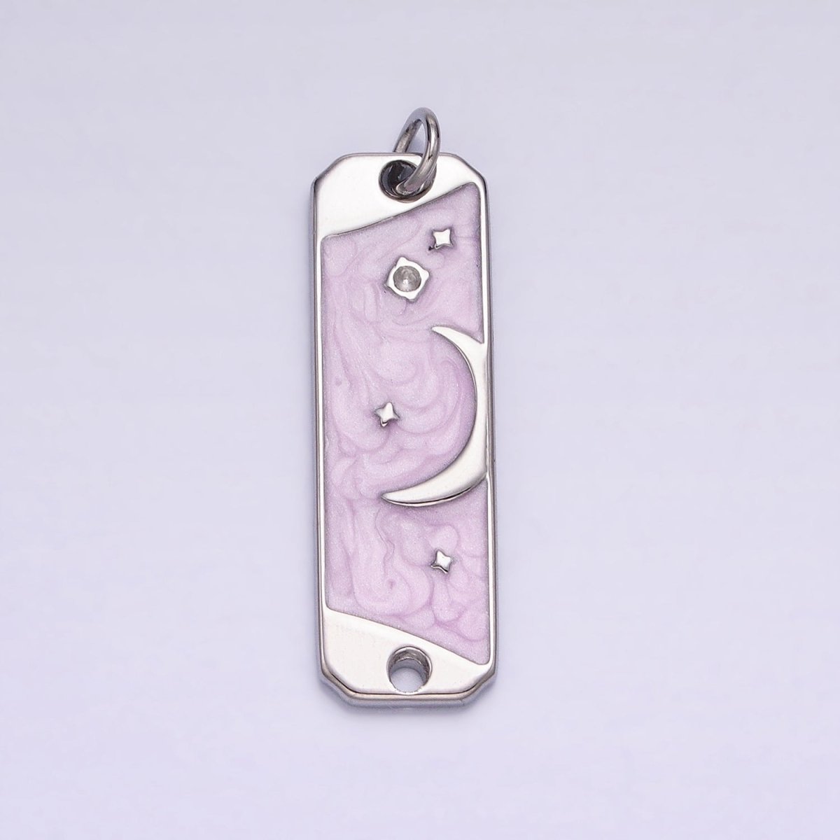 24K Gold Filled Celestial Crescent Moon Stars White, Pink Sparkly Enamel Tag Bar Double Loop Charm in Gold & Silver | AC577 - AC580