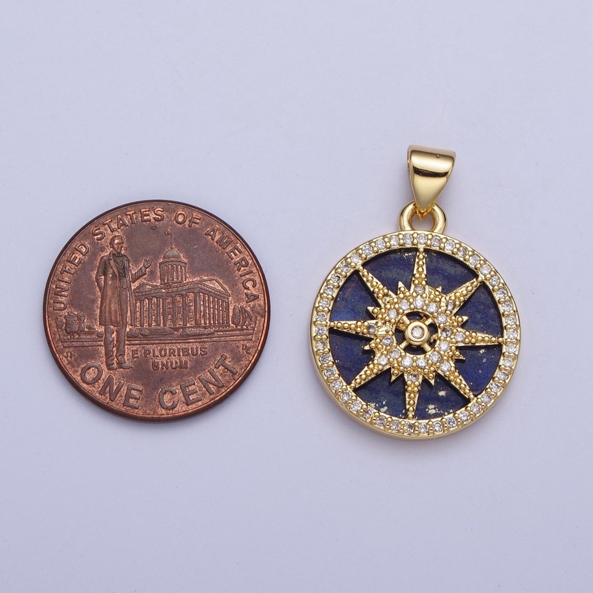 24K Gold Filled Celestial Eight Pointed Star Compass Blue Lapiz Micro Pave CZ Bezel Round Medallion Pendant, X-429 - DLUXCA