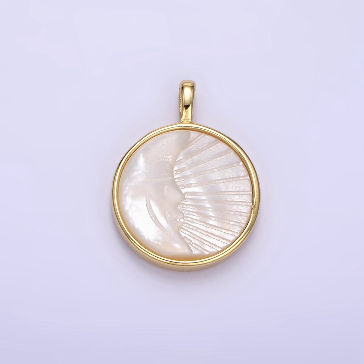 24K Gold Filled Celestial Moon Face Ray Shell Pearl Bezel Round Pendant | AA1332 - DLUXCA