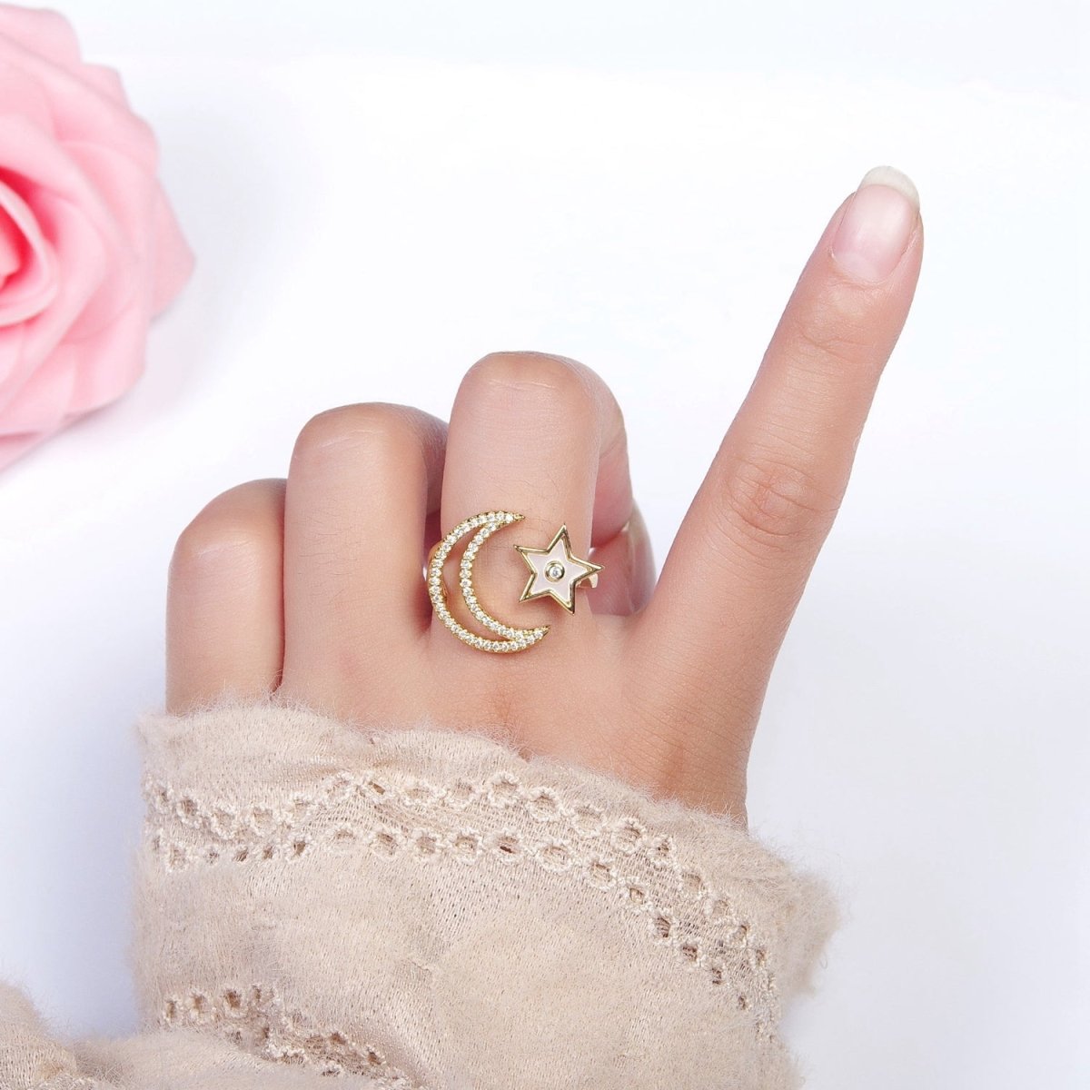 24K Gold Filled Celestial Open Ring, Micro Pave Crescent Moon & Shell Star Adjustable Ring | S-239