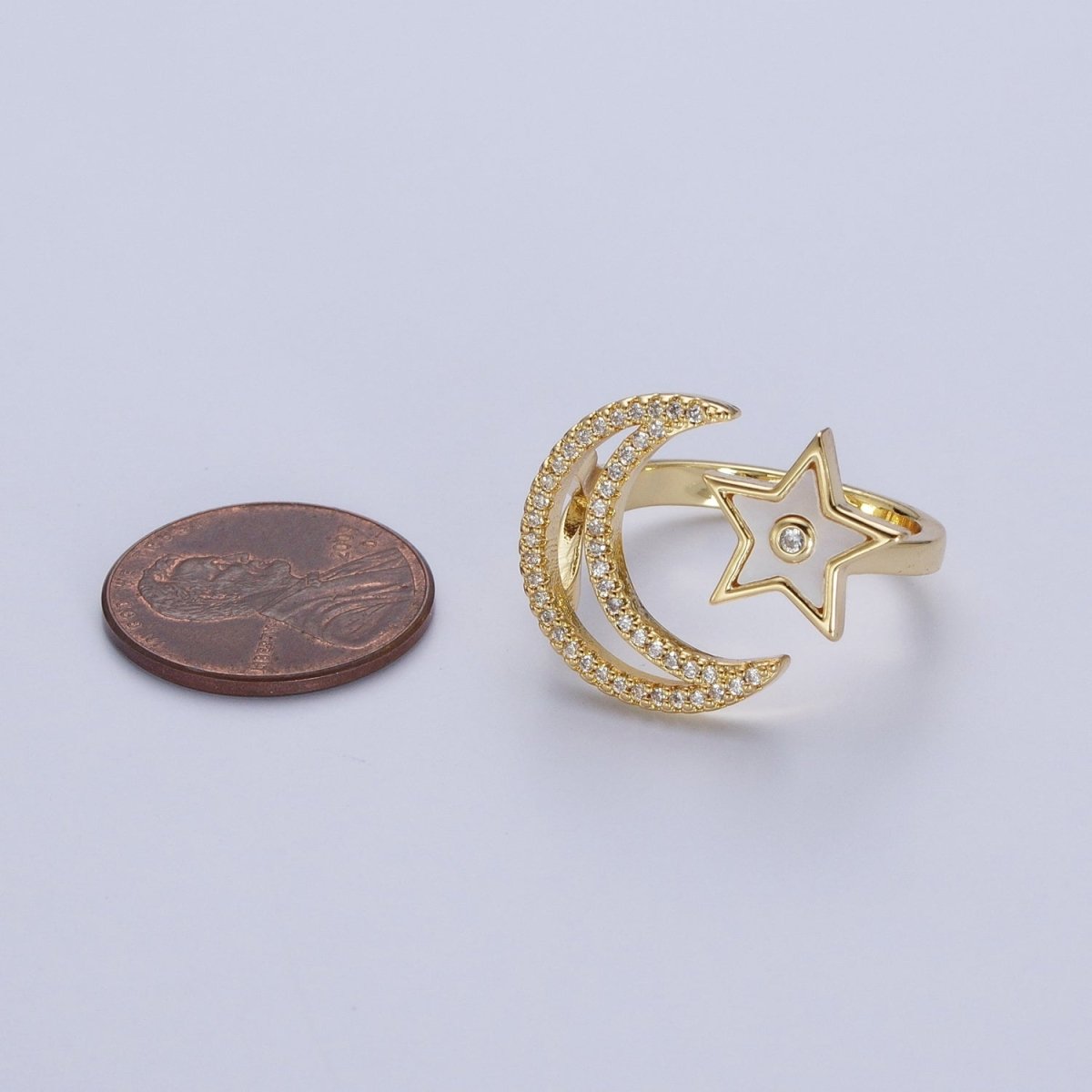 24K Gold Filled Celestial Open Ring, Micro Pave Crescent Moon & Shell Star Adjustable Ring | S-239