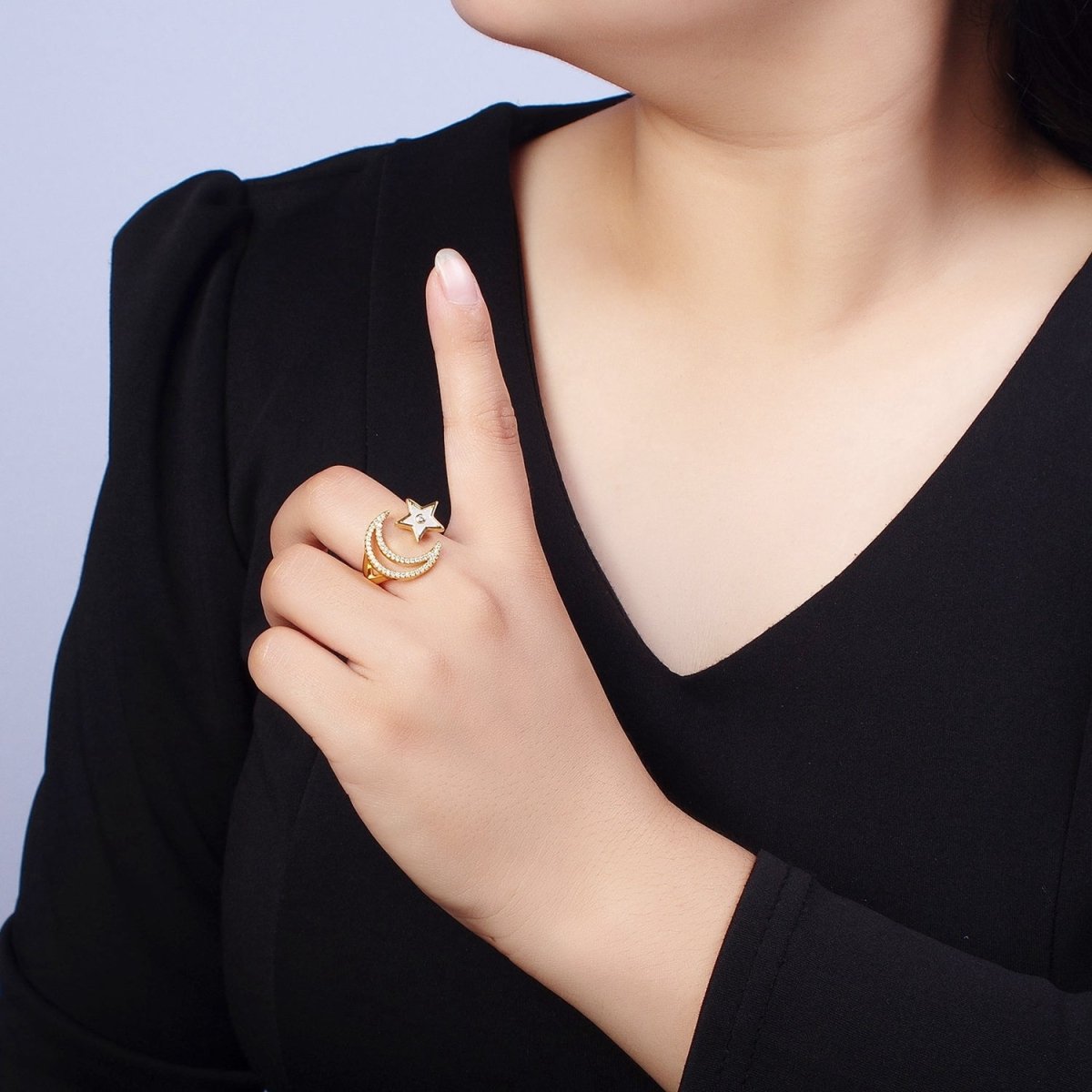 24K Gold Filled Celestial Open Ring, Micro Pave Crescent Moon & Shell Star Adjustable Ring | S-239