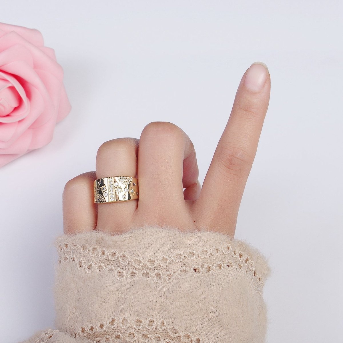 24K Gold Filled Celestial Planet Stars Micro Paved CZ Statement Ring in Gold & Silver | R-215