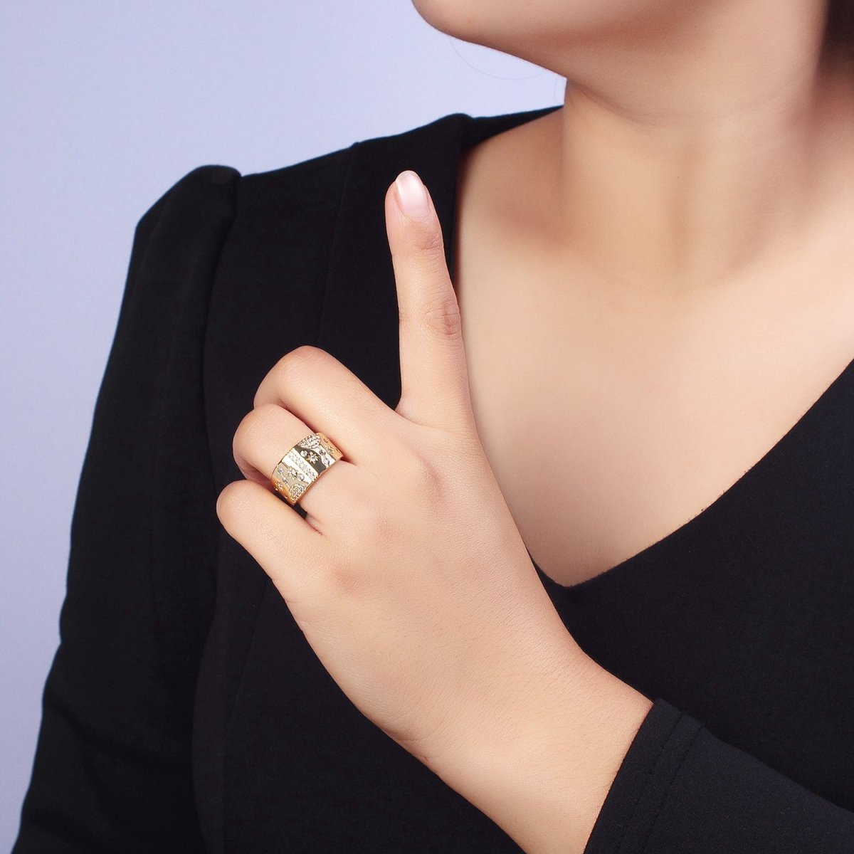 24K Gold Filled Celestial Planet Stars Micro Paved CZ Statement Ring in Gold & Silver | R-215