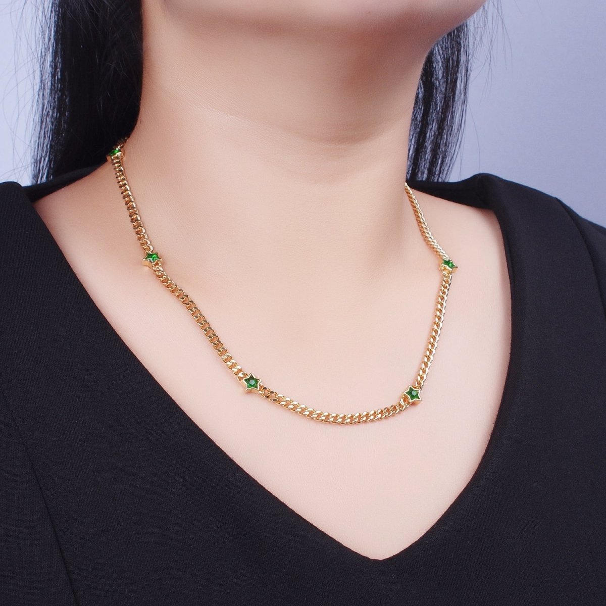 24K Gold Filled Celestial Star Cubic Zirconia 18 Inch Curb Chain Necklace | WA-1271 WA-1273 WA-1357 WA-1359 Clearance Pricing