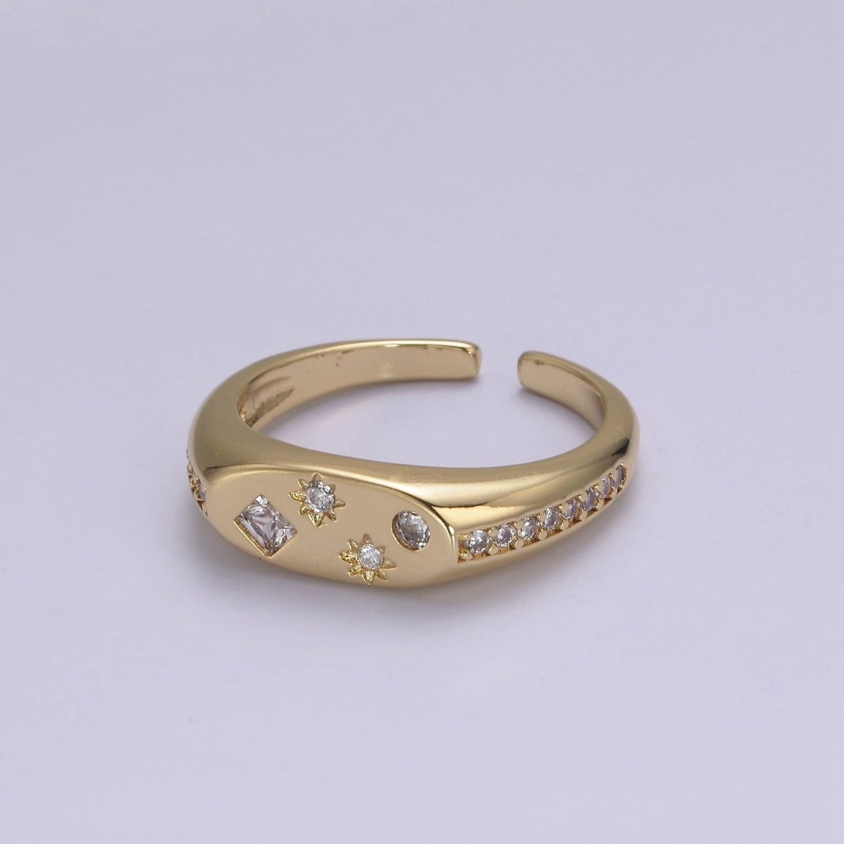 24K Gold Filled Celestial Star Cuff Ring, Micro Pave Crystal Cubic Zirconia CZ Flat Signet Ring in Gold & Silver  S-321 S-322