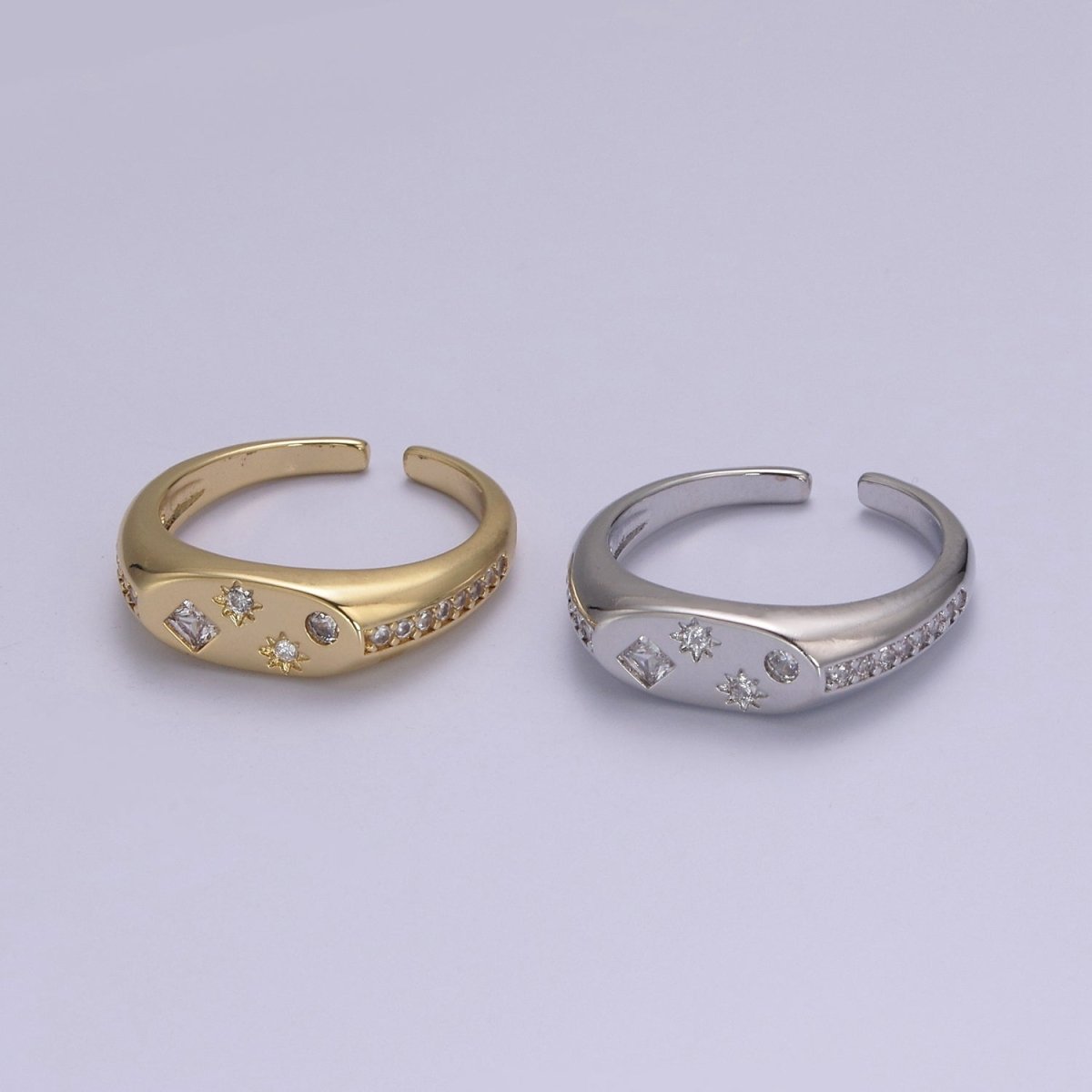 24K Gold Filled Celestial Star Cuff Ring, Micro Pave Crystal Cubic Zirconia CZ Flat Signet Ring in Gold & Silver  S-321 S-322