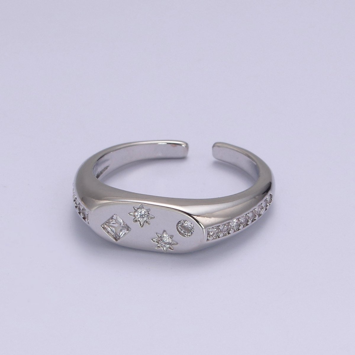 24K Gold Filled Celestial Star Cuff Ring, Micro Pave Crystal Cubic Zirconia CZ Flat Signet Ring in Gold & Silver  S-321 S-322