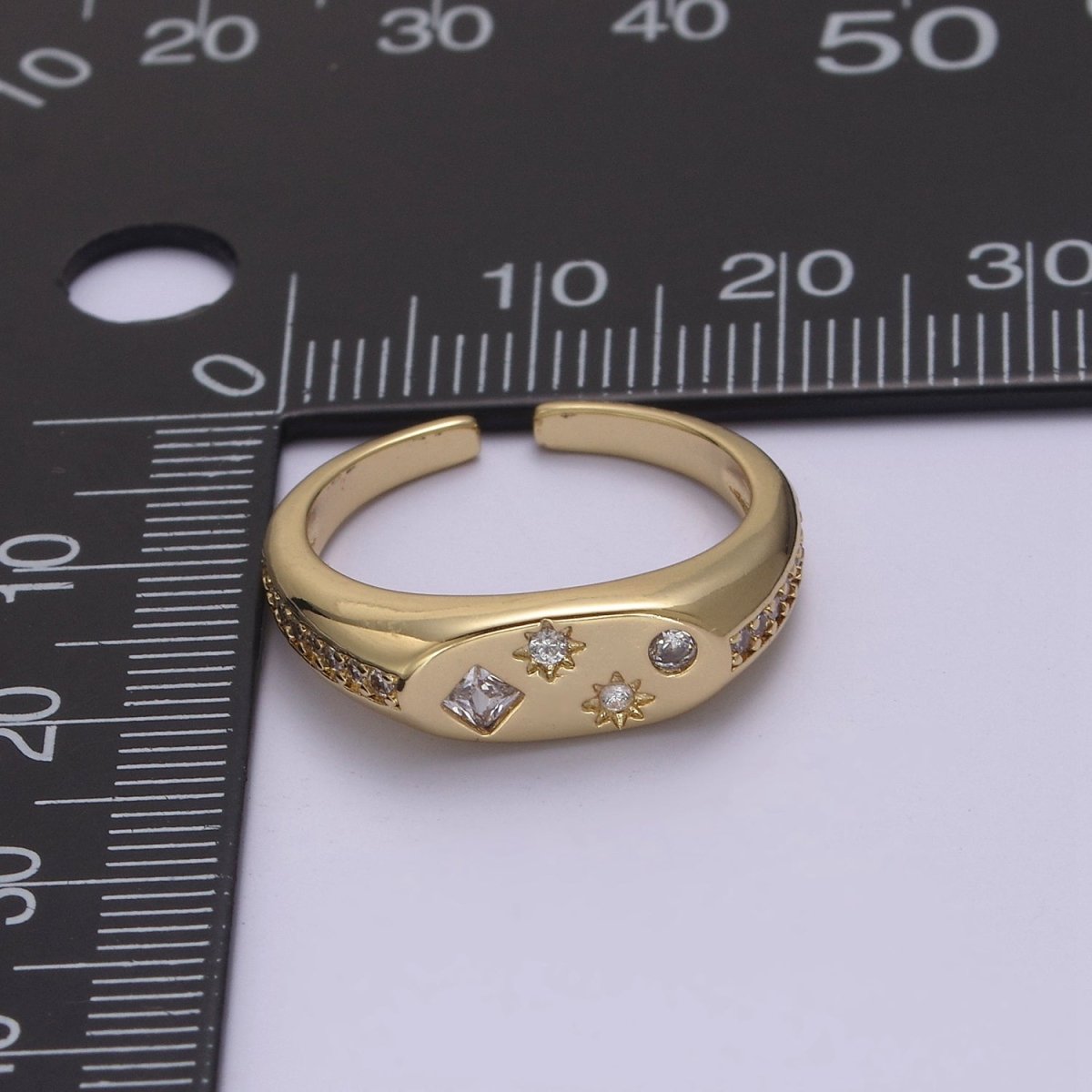 24K Gold Filled Celestial Star Cuff Ring, Micro Pave Crystal Cubic Zirconia CZ Flat Signet Ring in Gold & Silver  S-321 S-322