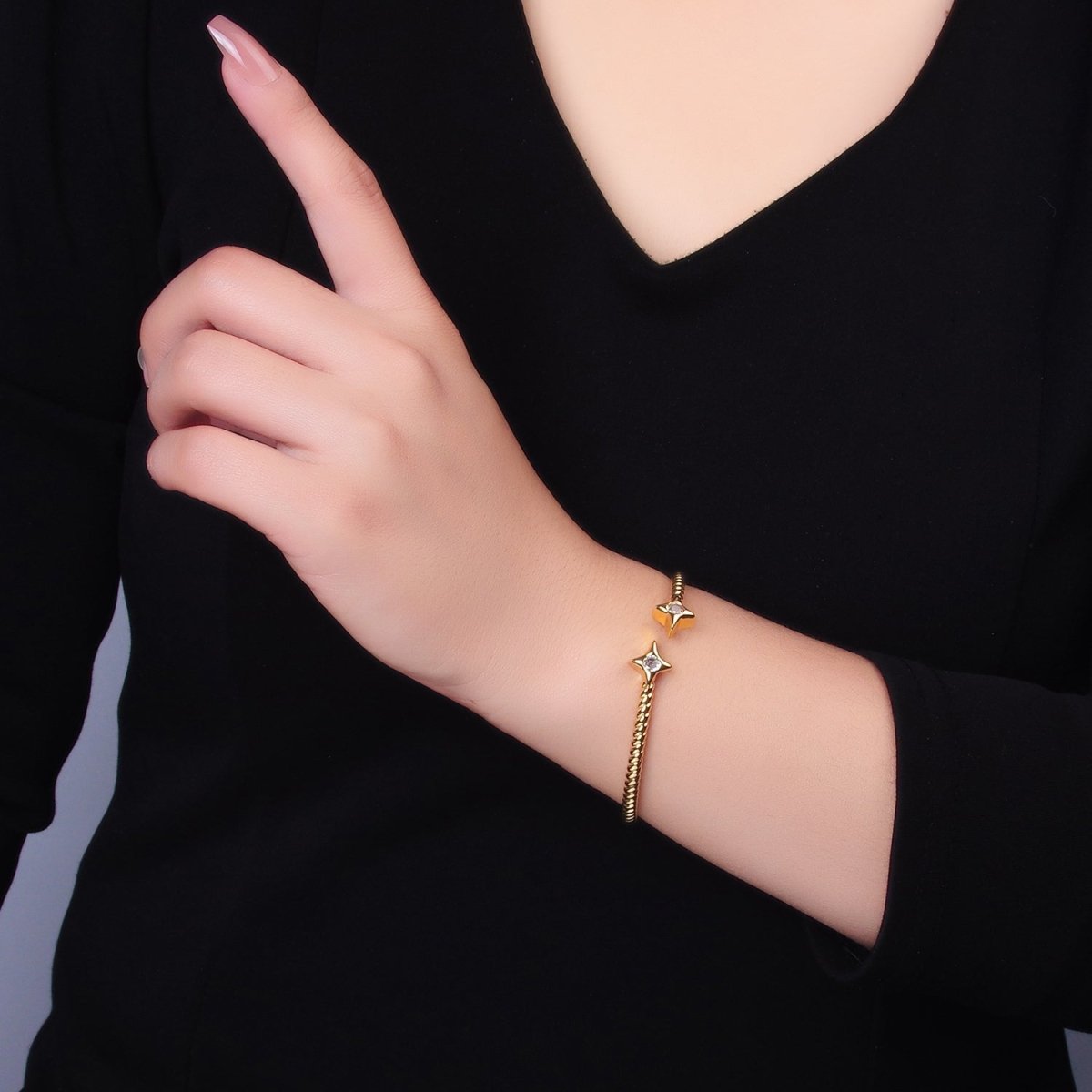 24K Gold Filled Celestial Star CZ Croissant Cuff Bracelet in Gold & Silver | WA-2734 WA-2735