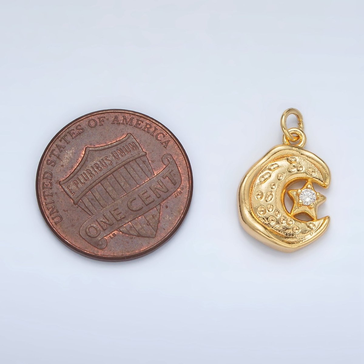 24K Gold Filled Celestial Star CZ Hammered Crescent Moon Stamped Charm | AC103