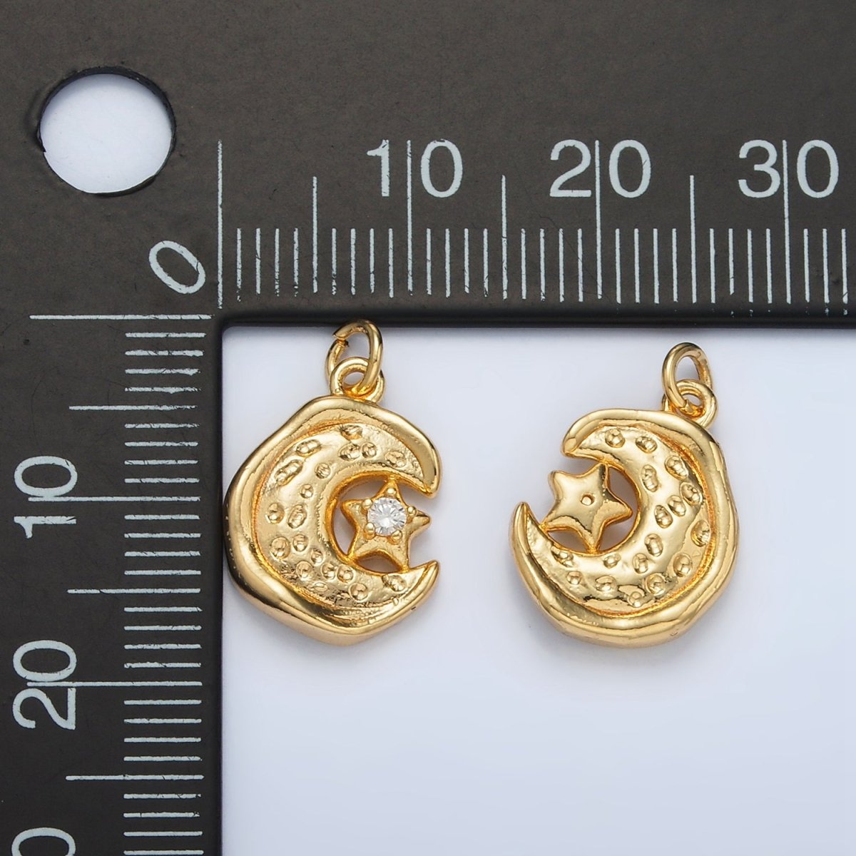 24K Gold Filled Celestial Star CZ Hammered Crescent Moon Stamped Charm | AC103