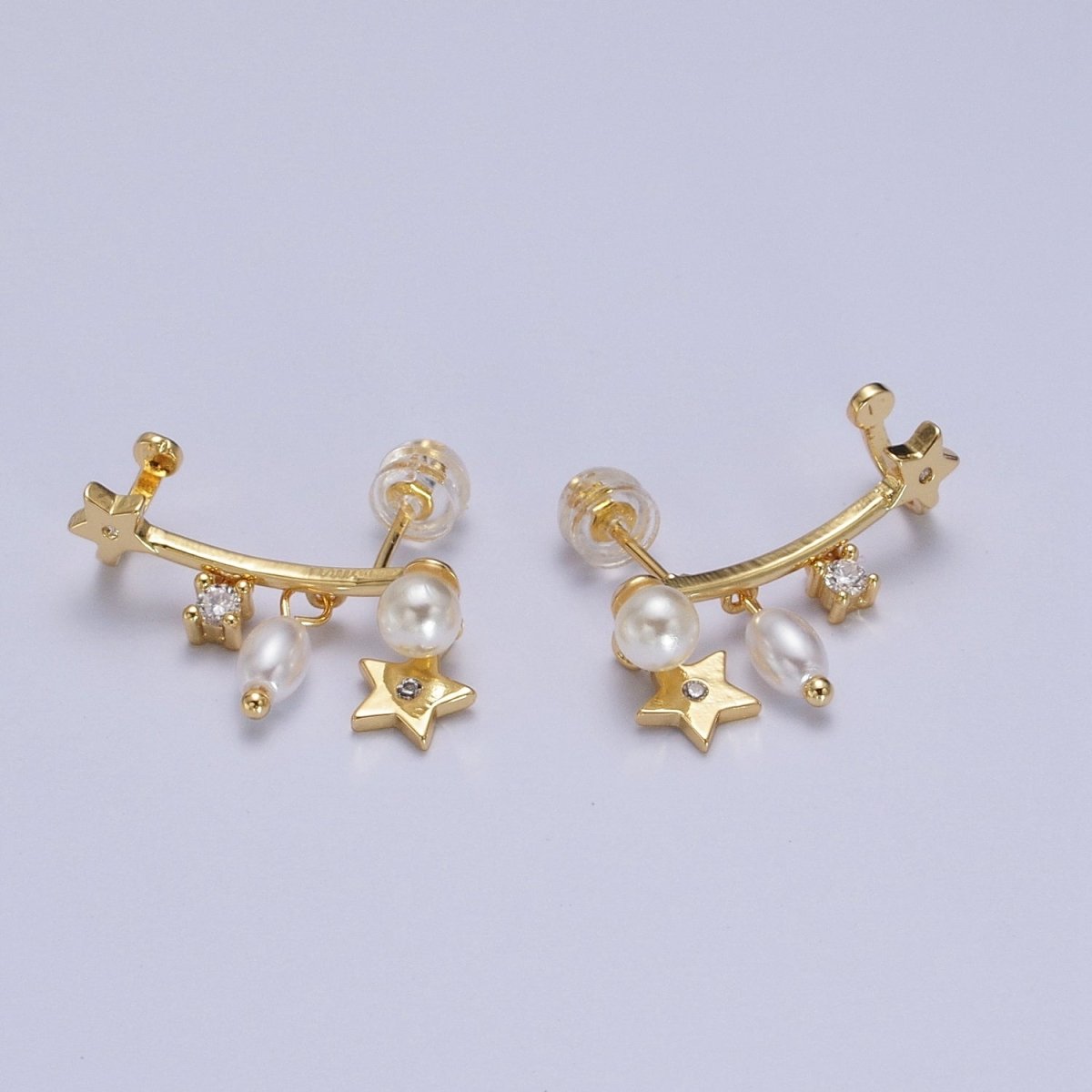 24K Gold-Filled Celestial Star Pearl CZ Dangle Ear Climber Earrings | AB004 - DLUXCA