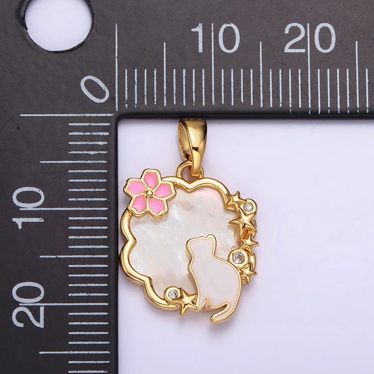 24K Gold Filled Celestial Stars CZ White Cat Pink Flower Enamel Cloud Shell Pearl Pendant | AA589 - DLUXCA