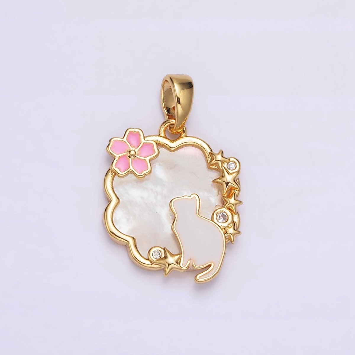 24K Gold Filled Celestial Stars CZ White Cat Pink Flower Enamel Cloud Shell Pearl Pendant | AA589 - DLUXCA
