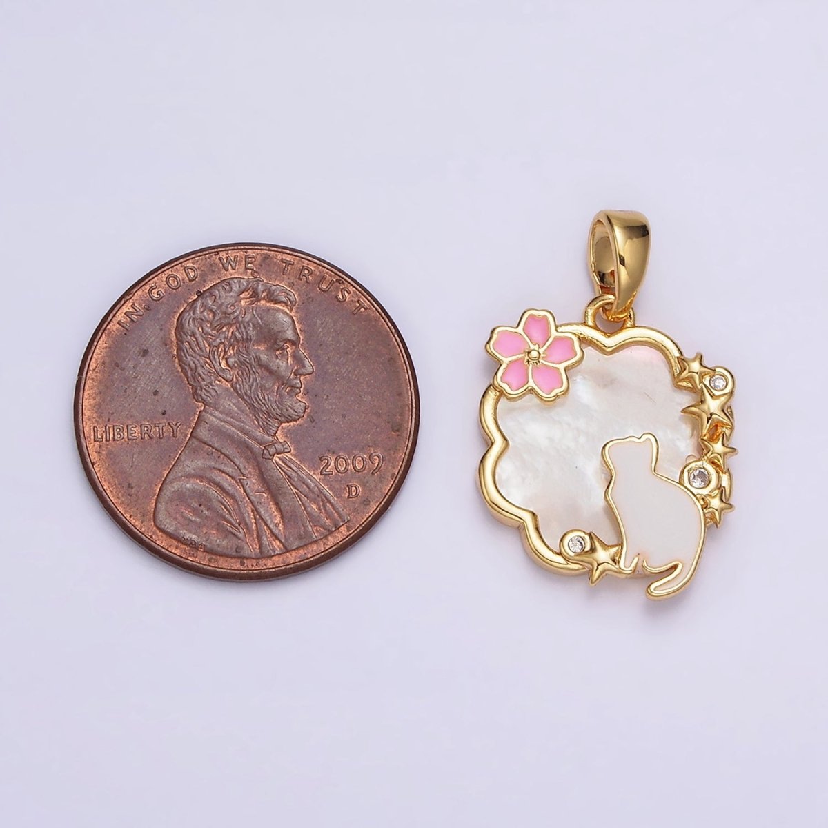 24K Gold Filled Celestial Stars CZ White Cat Pink Flower Enamel Cloud Shell Pearl Pendant | AA589 - DLUXCA