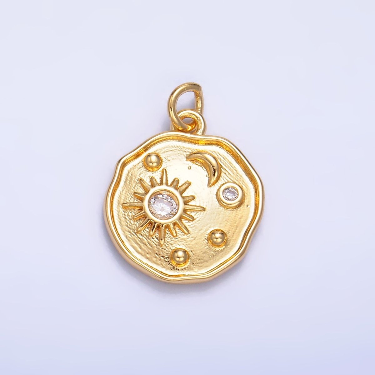 24K Gold Filled Celestial Sun Moon CZ Stamped Round Charm in Gold & Silver | W379