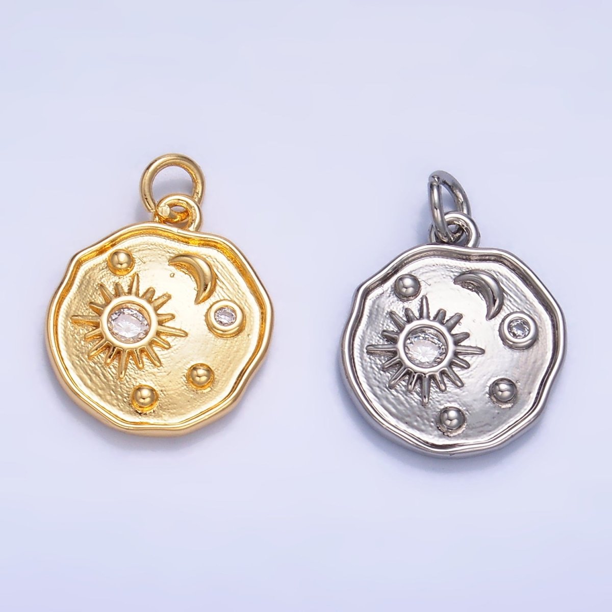 24K Gold Filled Celestial Sun Moon CZ Stamped Round Charm in Gold & Silver | W379