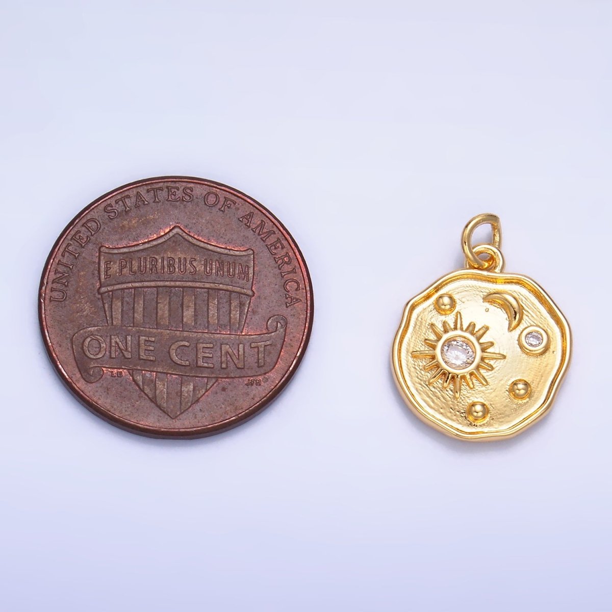 24K Gold Filled Celestial Sun Moon CZ Stamped Round Charm in Gold & Silver | W379