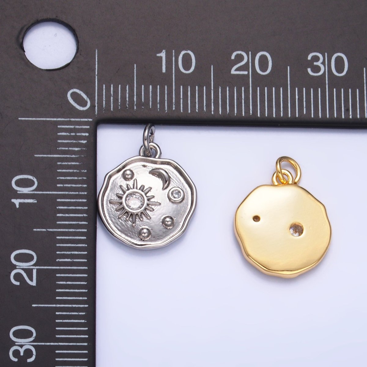 24K Gold Filled Celestial Sun Moon CZ Stamped Round Charm in Gold & Silver | W379