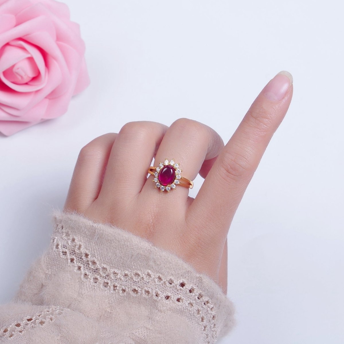 24K Gold Filled Celestial Sun Ring with Oval Fuchsia Jade Stone O-769 - DLUXCA