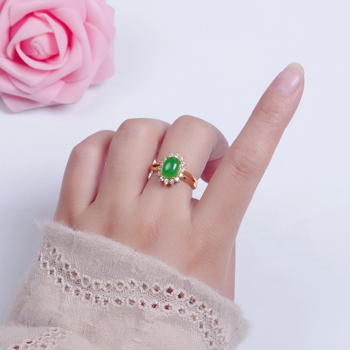 24K Gold Filled Celestial Sun Ring with Oval Green Jade Stone O-763