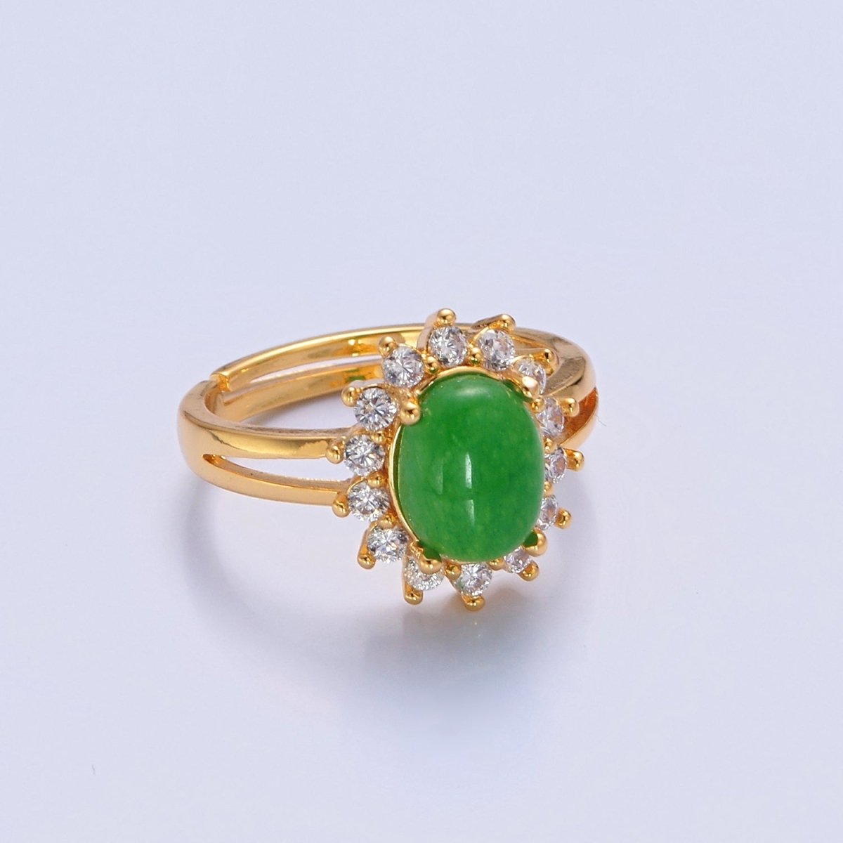 24K Gold Filled Celestial Sun Ring with Oval Green Jade Stone O-763