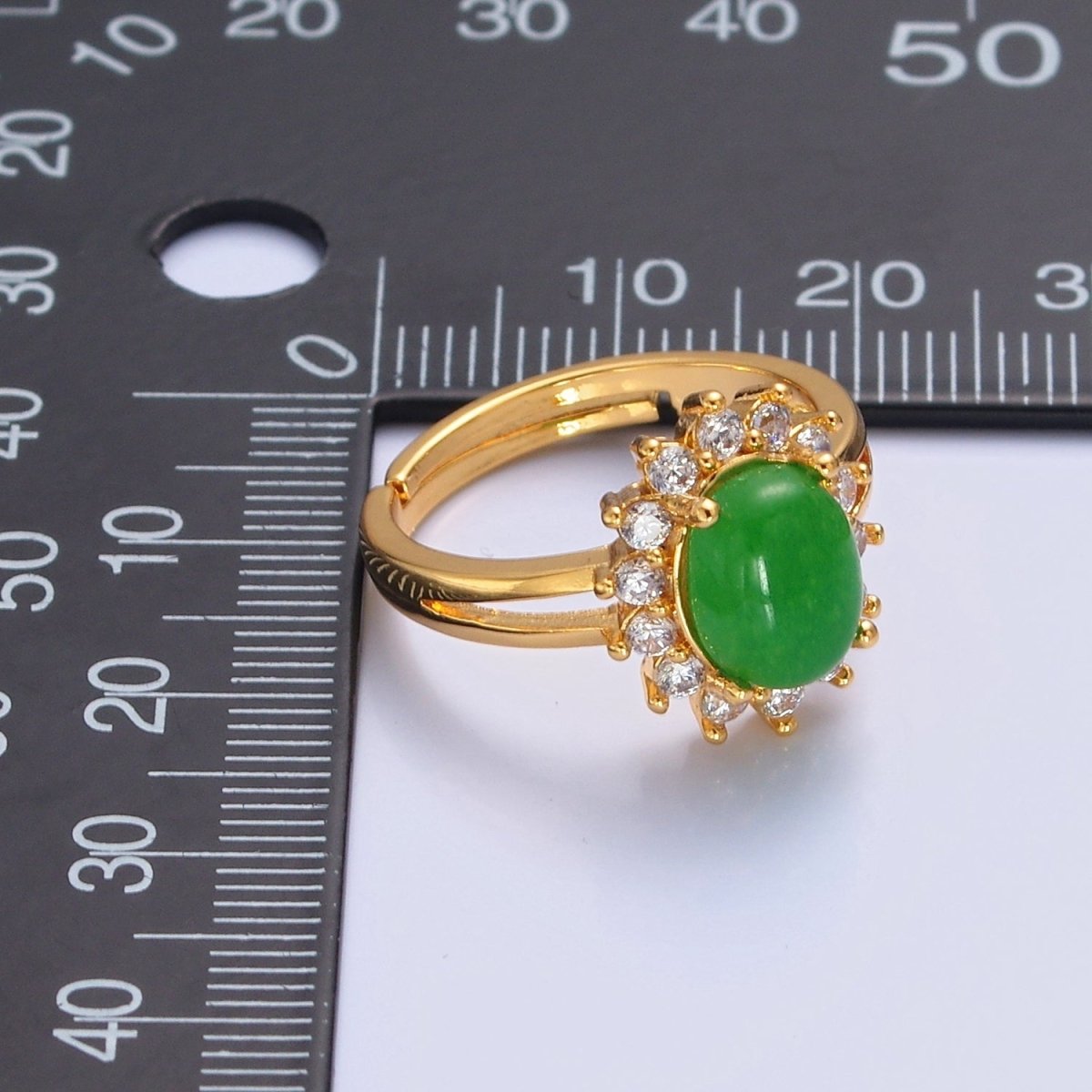 24K Gold Filled Celestial Sun Ring with Oval Green Jade Stone O-763