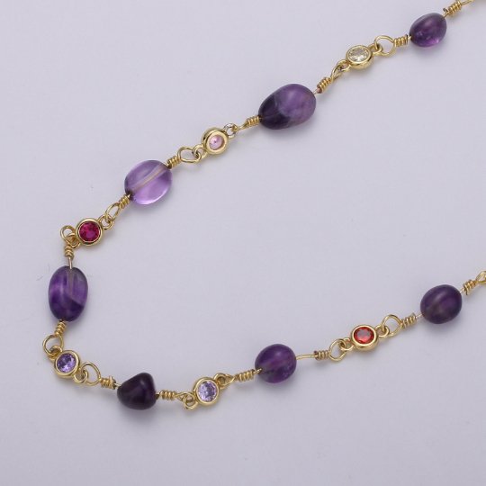 24K Gold Filled Chain by Yard, Amethyst Stone Micro Pave Cubic Round Charm Chain, Semiprecious Jade Gemstone Chain | ROLL-337 Clearance Pricing