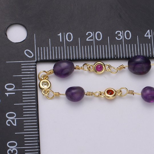 24K Gold Filled Chain by Yard, Amethyst Stone Micro Pave Cubic Round Charm Chain, Semiprecious Jade Gemstone Chain | ROLL-337 Clearance Pricing