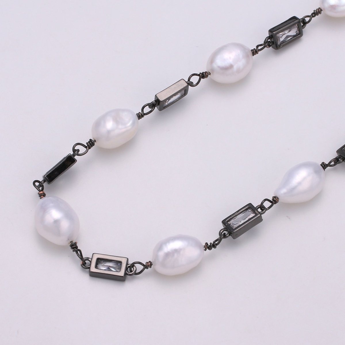 24K Gold Filled Chain by Yard, Baroque Pearl Micro Pave Clear Cubic Square Charm Chain, White Pearl CZ | ROLL-349, ROLL-350, ROLL-351 Clearance Pricing