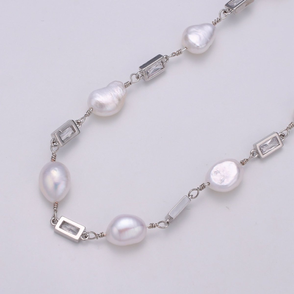 24K Gold Filled Chain by Yard, Baroque Pearl Micro Pave Clear Cubic Square Charm Chain, White Pearl CZ | ROLL-349, ROLL-350, ROLL-351 Clearance Pricing