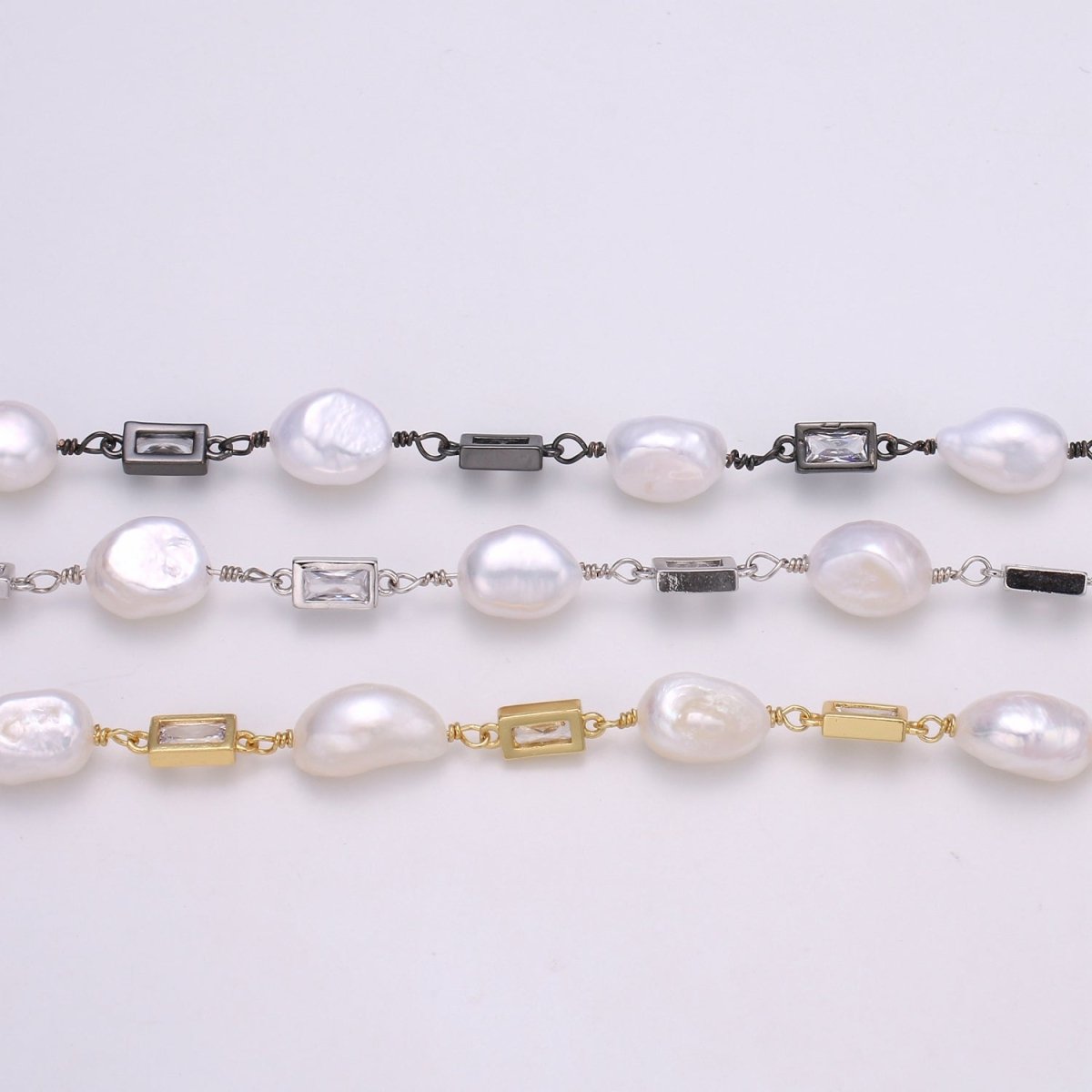 24K Gold Filled Chain by Yard, Baroque Pearl Micro Pave Clear Cubic Square Charm Chain, White Pearl CZ | ROLL-349, ROLL-350, ROLL-351 Clearance Pricing