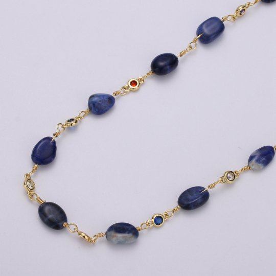 24K Gold Filled Chain by Yard, Blue Sodalite Stone Micro Pave Cubic Round Charm Chain, Semiprecious Stone Royal Blue Beads | ROLL-334 Clearance Pricing