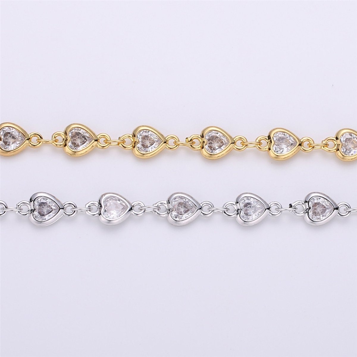 24K Gold Filled Chain Heart CZ Chain by Yard, Bulk Chain By Yard, Cubic Chains, Tiny CZ Chains, Ideal for Lariat Necklace Long Necklace, White Gold Filled, DESIGNED Chain | ROLL-117, ROLL-118 Clearance Pricing