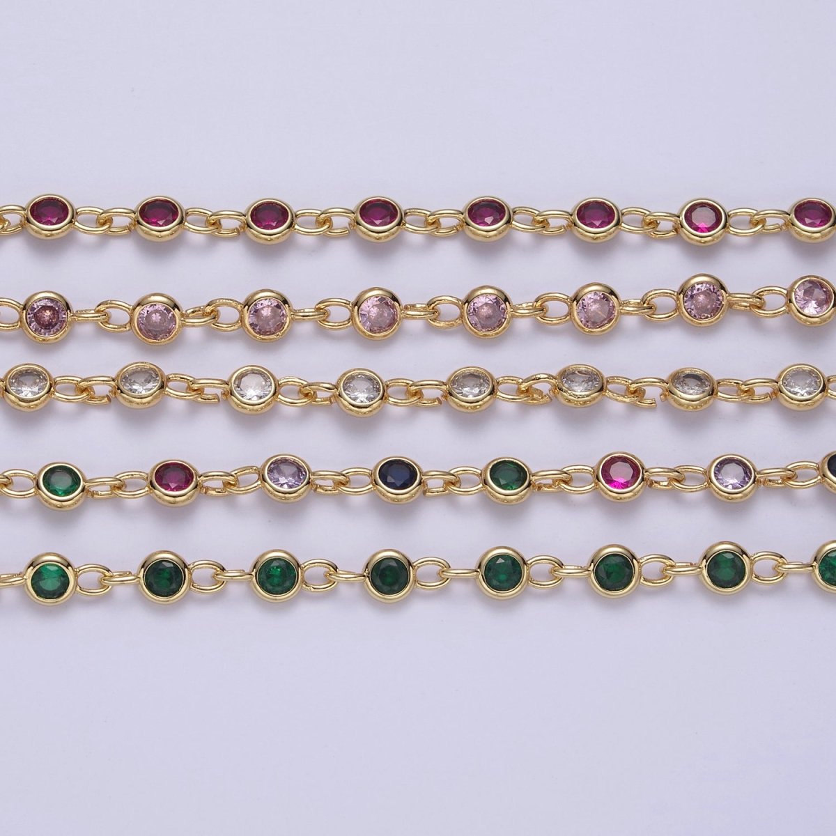 24k Gold Filled Chain Round CZ Chain by Foot / Yard Bulk Chain Round Bezel Cut Cubic Chains 5mm CZ Chain Unsoldered | ROLL-743 to ROLL-746 Clearance Pricing