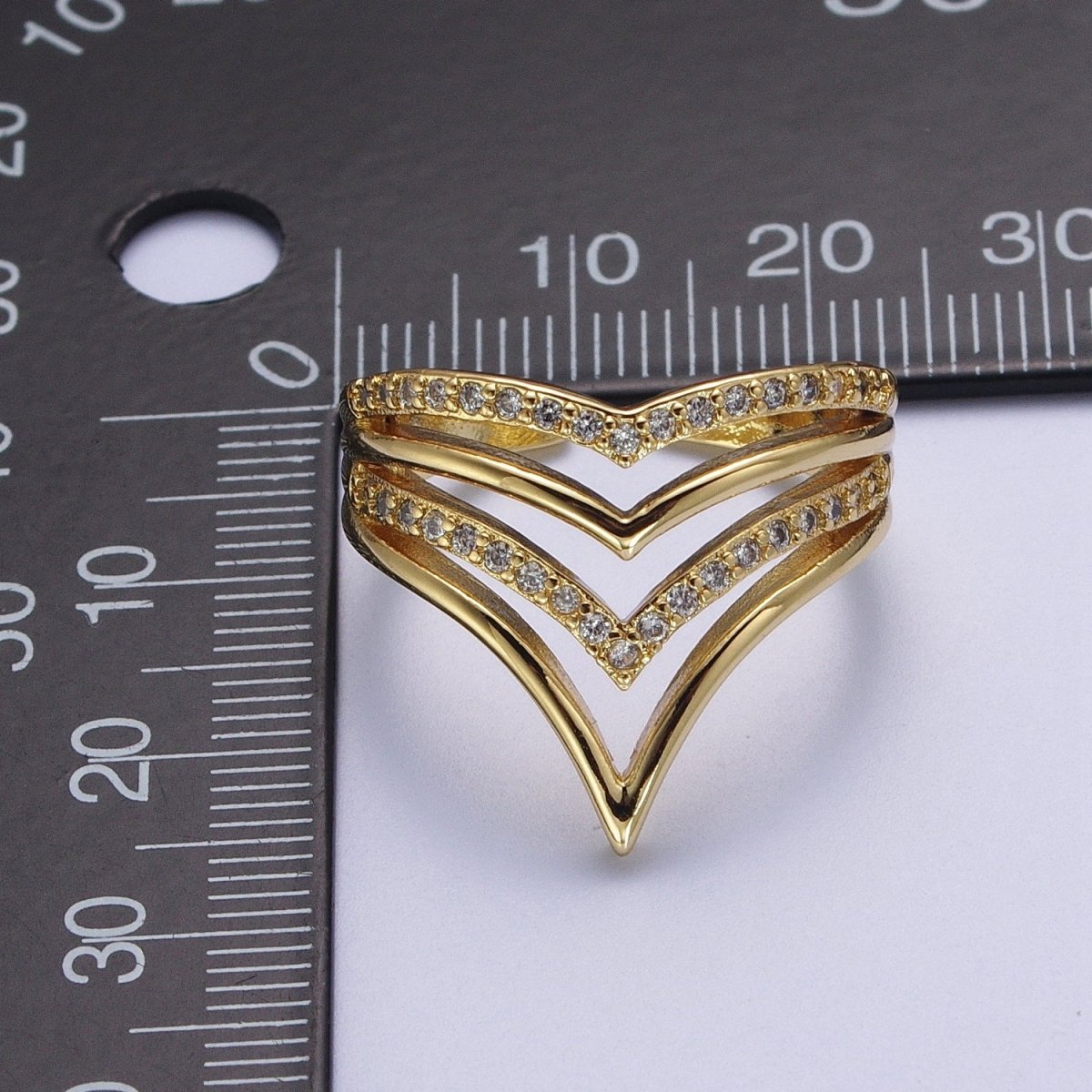 OS 24K Gold Filled Chevron Ring, Multiple Micro Paved Cubic Zirconia Geometric Ring | O-1995