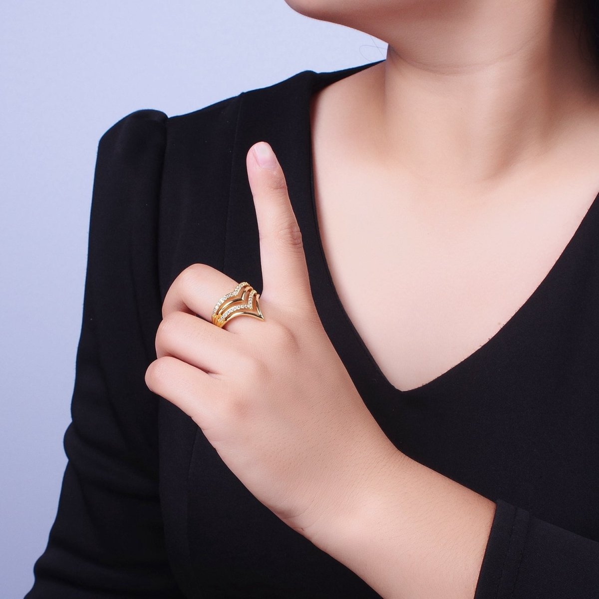 OS 24K Gold Filled Chevron Ring, Multiple Micro Paved Cubic Zirconia Geometric Ring | O-1995