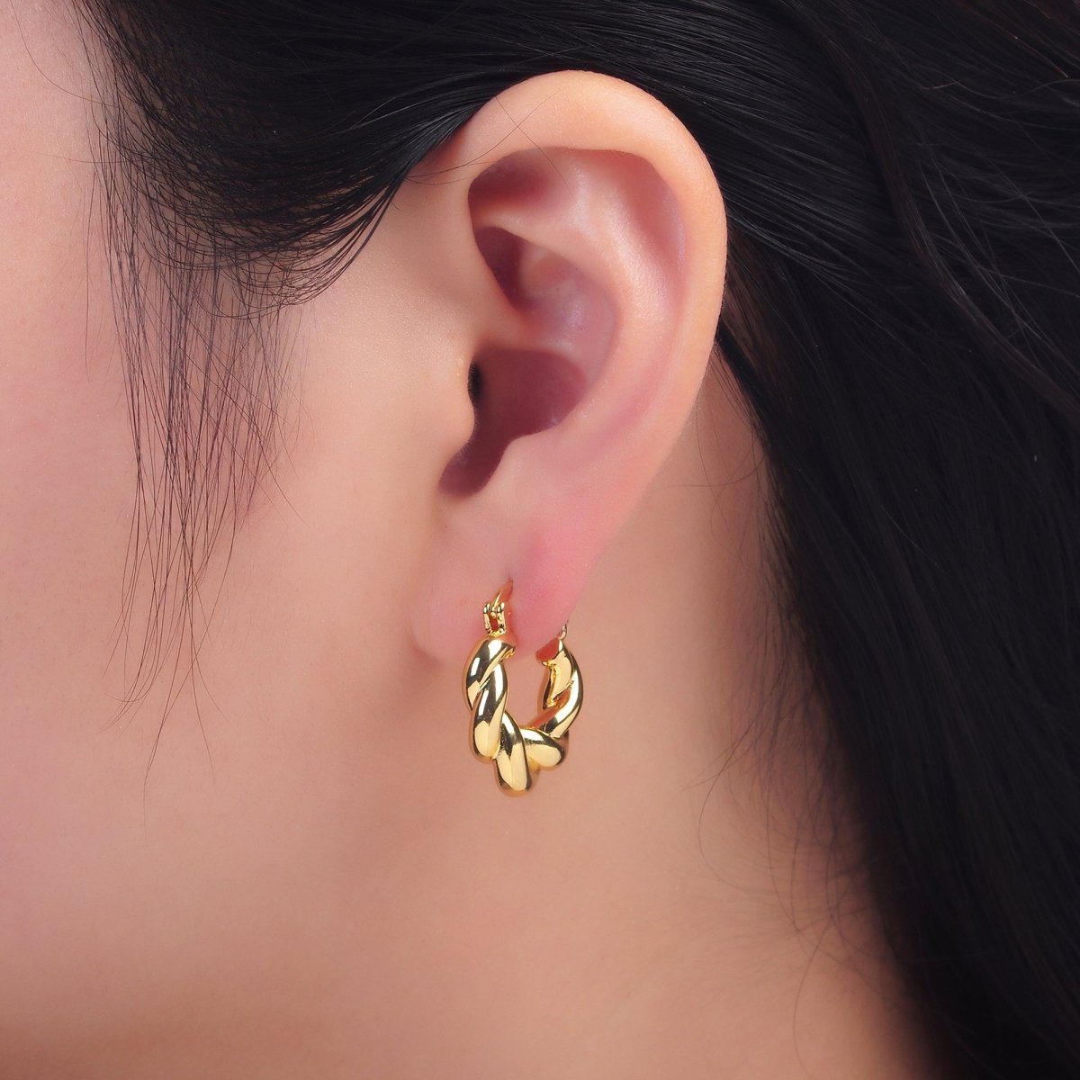 24K Gold Filled Chubby Twisted Croissant Latch Hoop Earrings in Gold & Silver | Q453 AD1201