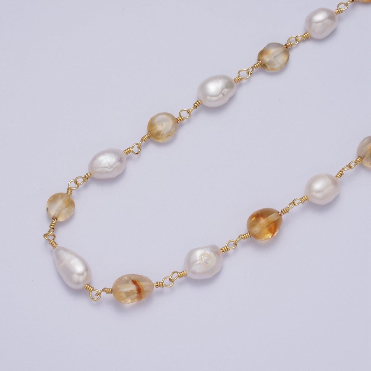 24K Gold Filled Chunky Pearl Gemstone Rose Quartz, Amethyst, Citrine, Moonstone Wire Wrapped Rosary Chain for Jewelry Making Supply | ROLL-1013 to ROLL-1017 Clearance Pricing