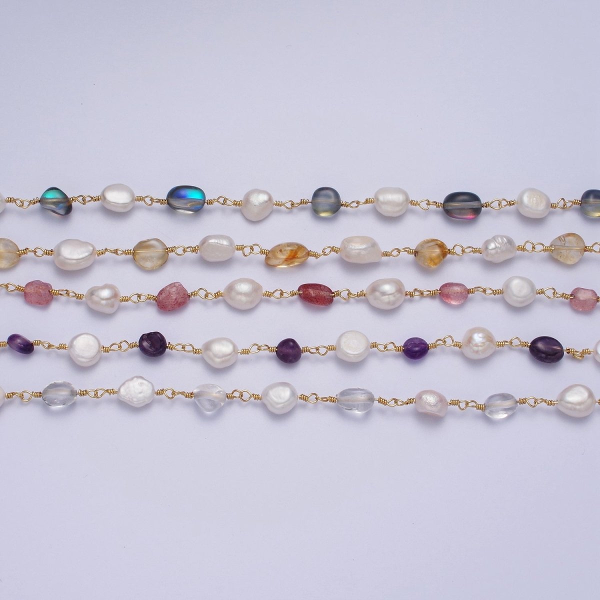 24K Gold Filled Chunky Pearl Gemstone Rose Quartz, Amethyst, Citrine, Moonstone Wire Wrapped Rosary Chain for Jewelry Making Supply | ROLL-1013 to ROLL-1017 Clearance Pricing
