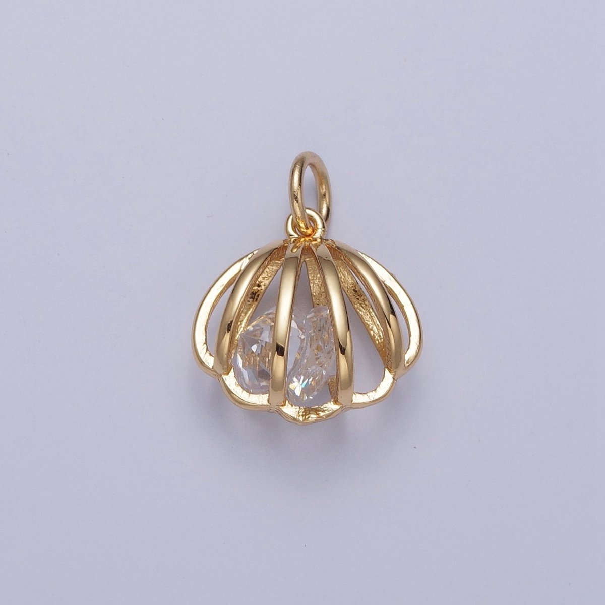 24K Gold Filled Clam Seashell Charm with Cubic Zirconia Inside | X-090 - DLUXCA