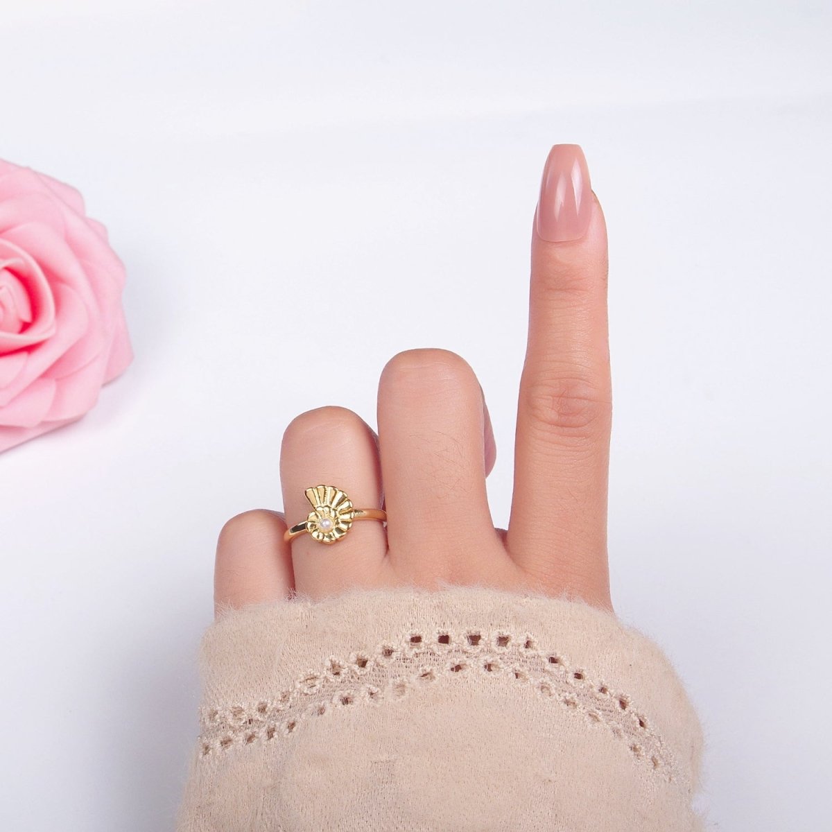 24K Gold Filled Clam Shell Pearl Adjustable Ring in Gold & Silver | U421