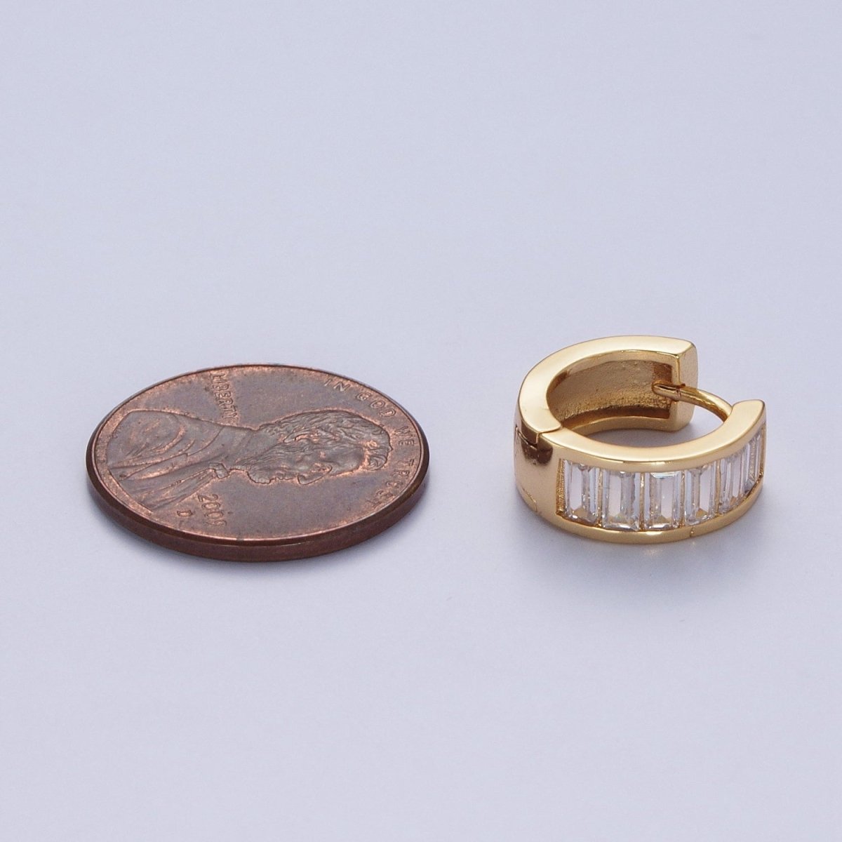 24K Gold Filled Clear Baguette Cubic Zirconia Simple Minimalist Small Hoops Gold Huggies Earrings Q-149 AD-481
