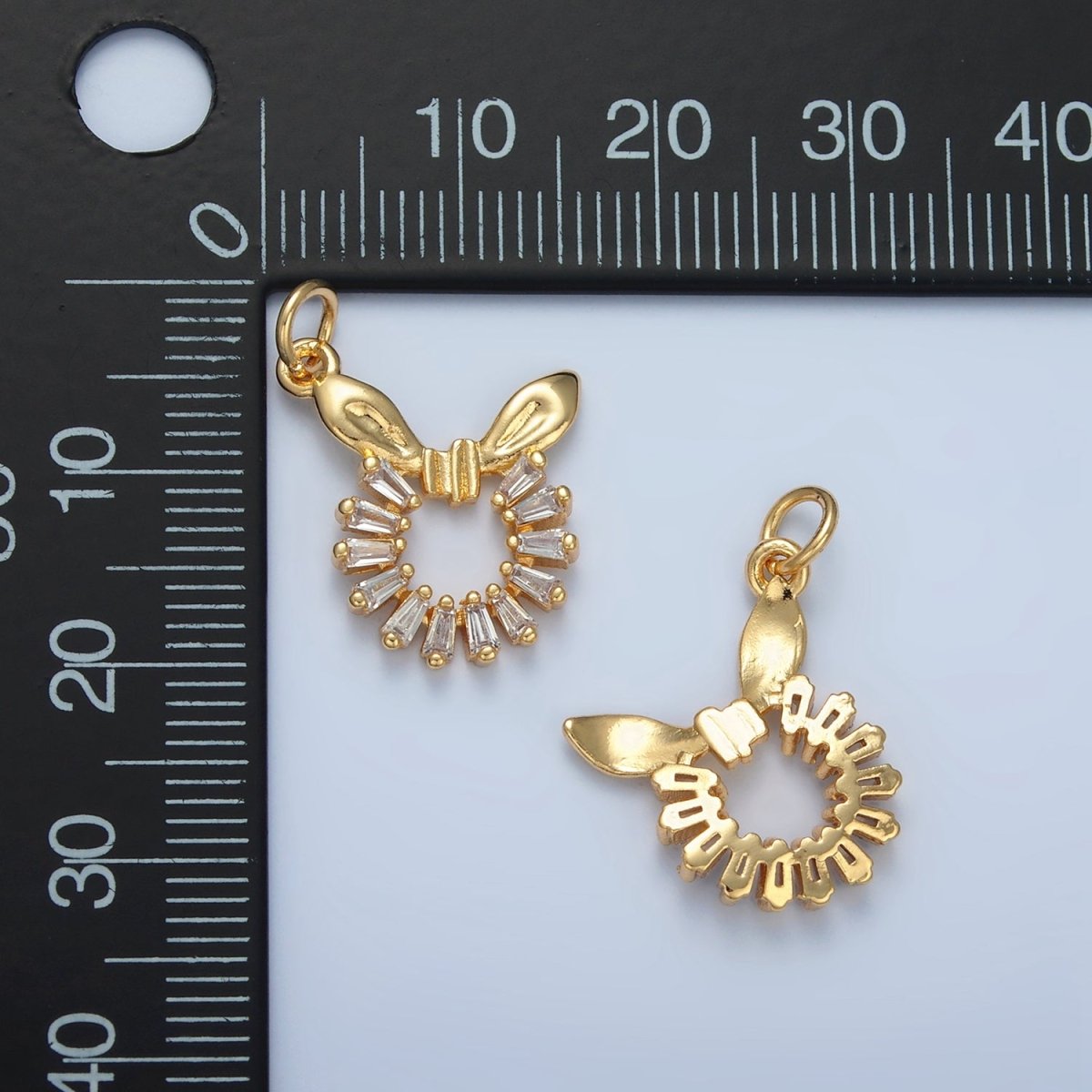 24K Gold Filled Clear Baguette CZ Bow Ribbon Open Circular Round Charm | M048 - DLUXCA